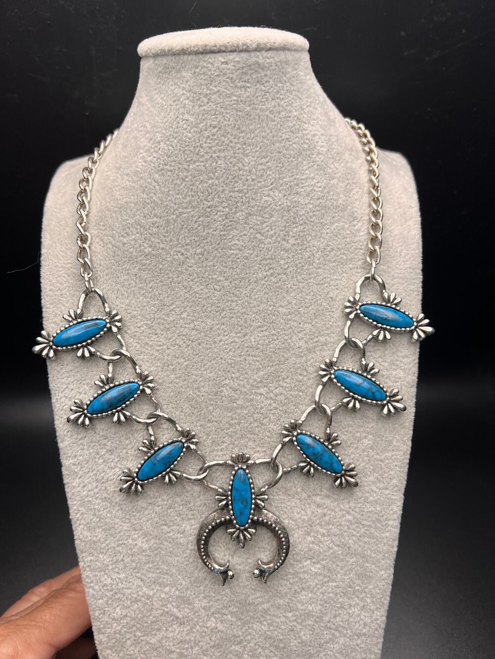 Sarah Coventry Blue Cloud necklace faux turquoise silver Squash Blossom style